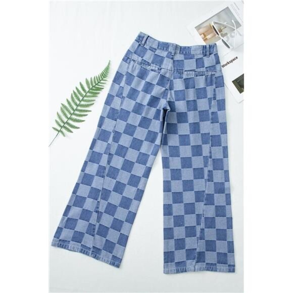 Dark Grey Checkered Light Washed Wide Leg Jeans - Picture 13 of 16